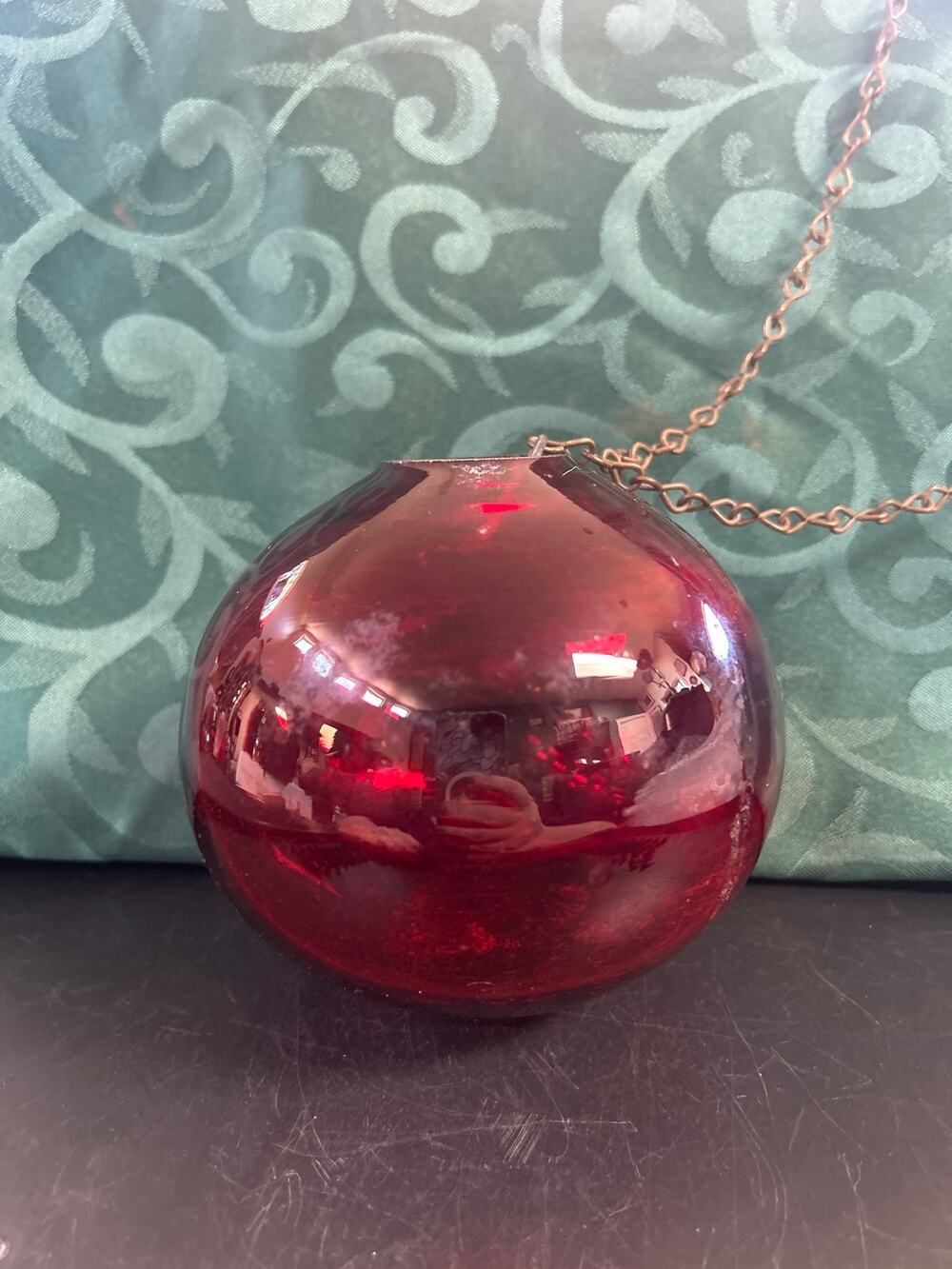 High End Halloween Decor Red Witch's Ball c1800s Handmade Glass Brass Chain